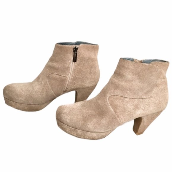 Sacha London Tan Leather Booties Velvet Gold Metal Size 6.5 - Picture 4 of 12